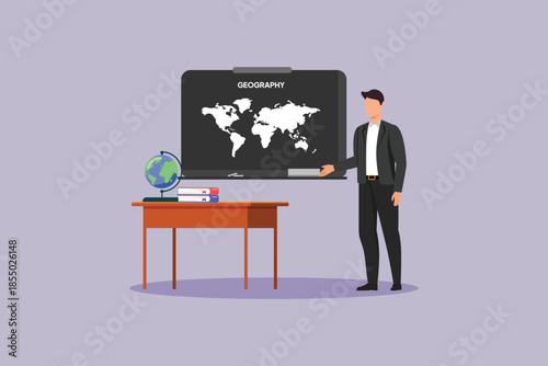School subject geography with teacher standing at the blackboard. School Subject Concept. Colored flat vector illustration isolated
