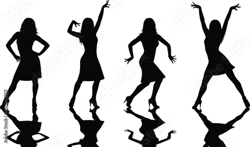 Dancing female silhouettes in elegant poses, expressive women figures with reflections, modern dance collection isolated on white background illustration