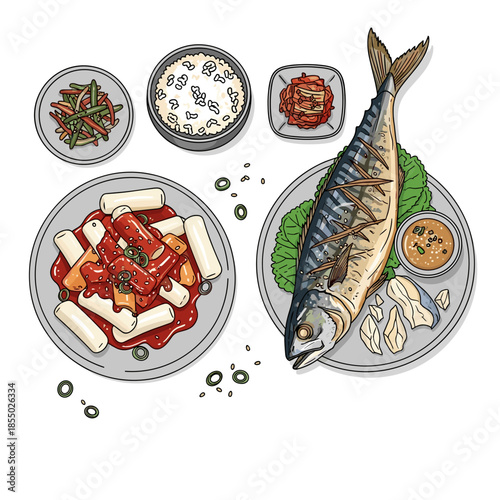An artistic overhead shot of a delightful fish meal with side dishes. 