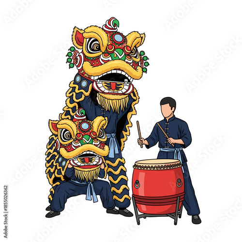 A vibrant illustration of a traditional Lion Dance performance with a drummer. 