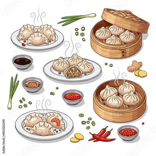 Various plates of fresh dumplings with sauces. 