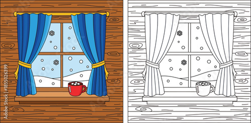 Cozy winter window scene with hot cocoa coloring page vector illustration featuring wooden wall, blue curtains and snowy landscape view.