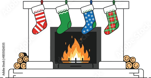 Cozy fireplace with a bright fire and four colorful Christmas stockings hanging above, logs stacked beside