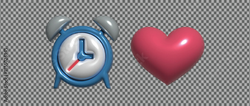 Three dimensional rendering glossy alarm clock icon next to plump pink heart symbolizing schedule urgency and concept of true love