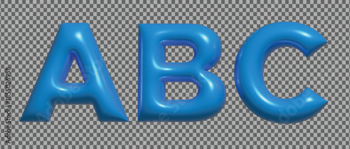 Three dimensional shiny blue letters a b c vector illustration of inflatable cartoon bubble font isolated on checkered background graphics