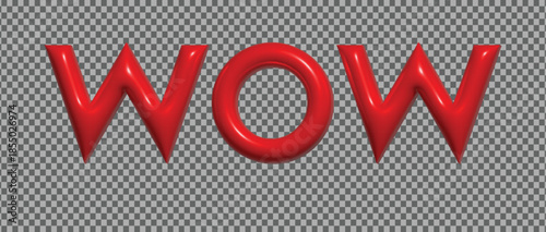 Striking three dimensional glossy red word w o w vector illustration of inflatable cartoon bubble font isolated on transparent checkered background