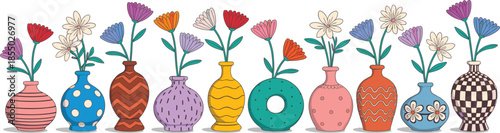 Assortment of colorful ceramic vases with stylized flowers pottery plant