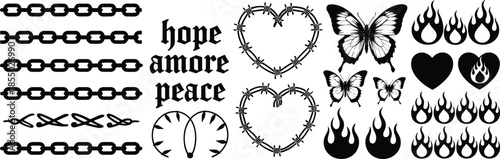 Black and white graphic elements with chains, hearts, butterflies, and flames link metal