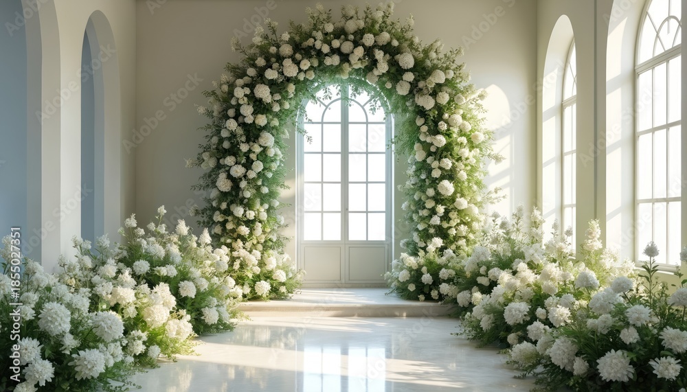 Fototapeta premium Wedding arch of white flowers indoors with natural light from windows. Floral decorations create romantic entrance. Venue setup for celebration ceremony.