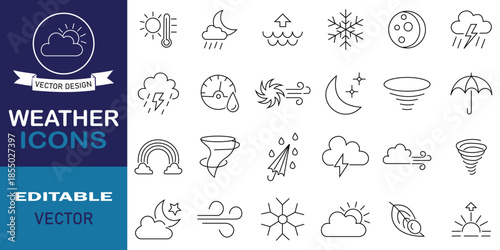 Weather thin line icons set. Editable vector symbols of cloudy, rainy, thunderstorm, sunny day, wind, dew and more concept. Weather forecast symbol. Vector illustration.