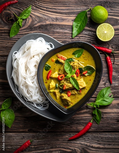 Overhead shot of noodles with green curry, peppers, limes, and basil on a dark wooden background