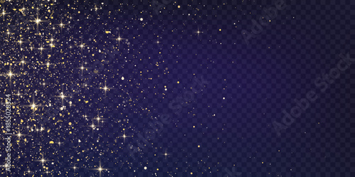 Glitter gold particles shine effect on png background. Vector gold glitter particles effect and texture. Stardust amber particles color on transparent background. Golden explosion of confetti.