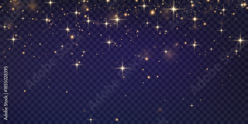 Vector magical light dust, dusty shine. Flying particles of light. Christmas light effect. Sparkling particles of fairy dust glow in transparent background. Vector illustration on png