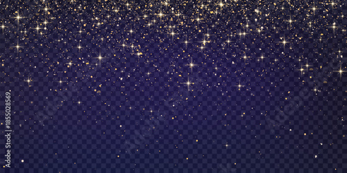 Glitter gold particles shine effect on png background. Vector gold glitter particles effect and texture. Stardust amber particles color on transparent background. Golden explosion of confetti.