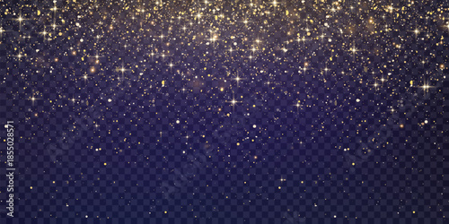 Glitter gold particles shine effect on png background. Vector gold glitter particles effect and texture. Stardust amber particles color on transparent background. Golden explosion of confetti.