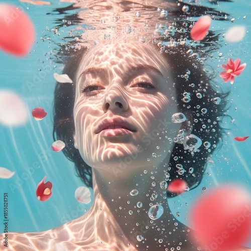 Serene underwater portrait of a woman surrounded by floating flower petals and light patterns