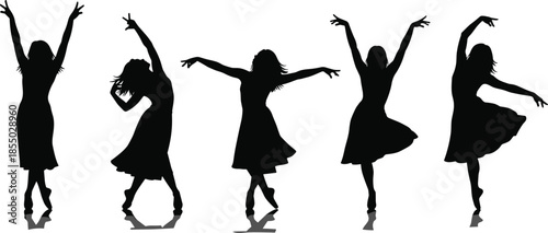 Dancing woman silhouettes in graceful ballet poses, elegant female movement, artistic performance concept illustration isolated white background vector art design