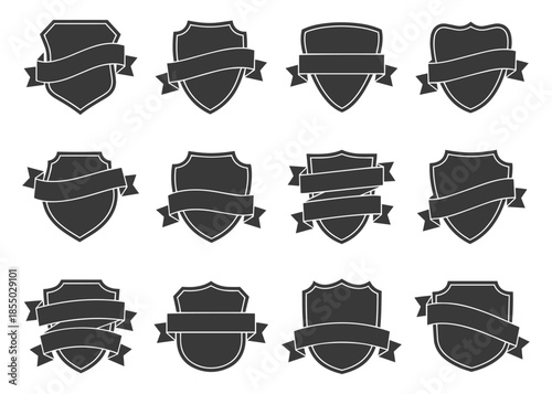 Black blank shield badge logo set with ribbon banner
