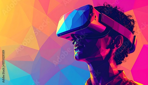 Person wearing VR headset, face turned upwards. Polygon abstract background with vibrant hues of pink, purple, yellow and blue