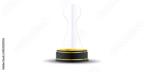 Modern abstract glass trophy award on black gold pedestal for corporate achievement recognition and professional event branding