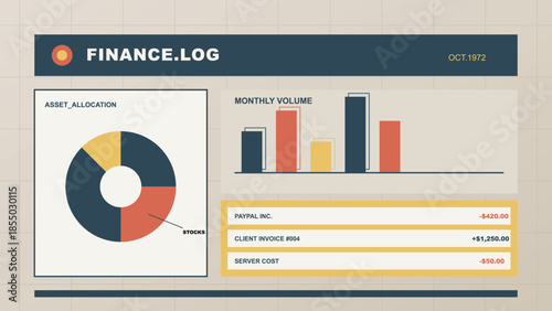 Finance Log: A detailed view of a finance log showcasing asset allocation, monthly volume, and financial metrics, offering a snapshot of business performance and data analysis.