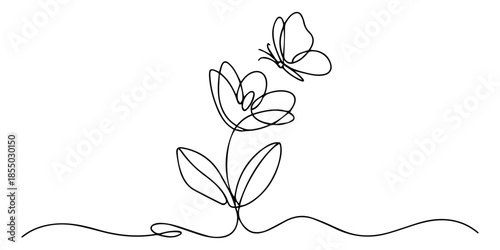 Flower with flying butterfly continuous line art drawing. Plumeria one line symbol. Vector illustration isolated on white, Continuous line butterfly art. Outline single art butterfly hand drawn sketch