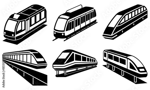 Six Different Modern Train Silhouettes on White Background transportation black