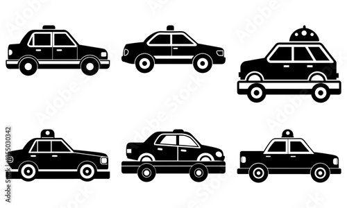 Six Black Taxi Cab Silhouettes on White Background vehicle