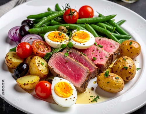 Nicoise Salad Layout Seared Tuna Green Beans Hard Boiled Eggs Cherry Tomatoes Olives