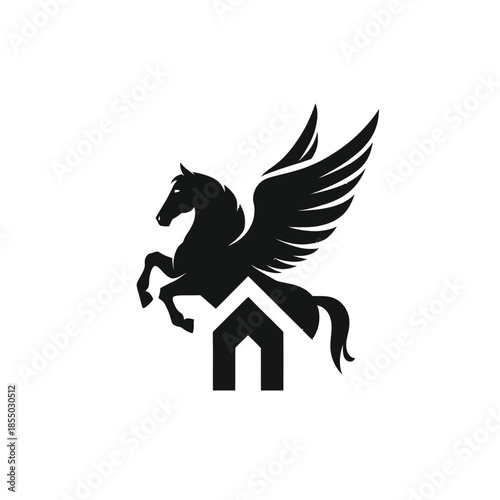 Black silhouette of a winged horse over a house symbol on white background