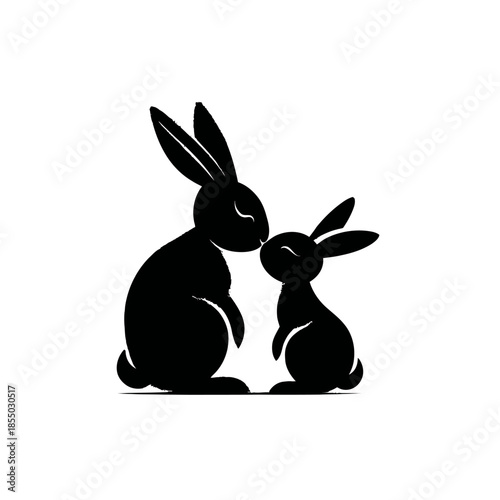 Black silhouette of two rabbits touching noses on white background