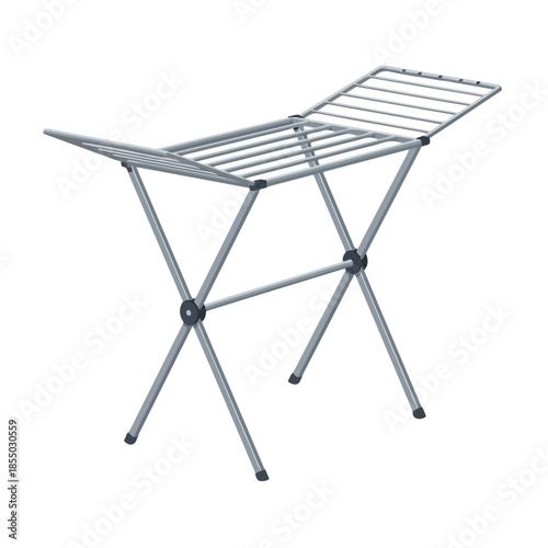 A metal household drying rack with a foldable design stands on a clean white background, symbolizing a practical household icon for laundry.