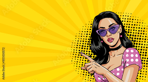 A beautiful brunette in glasses points at something in a pop art style
