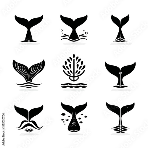 Black whale tail icons set on white background for design elements