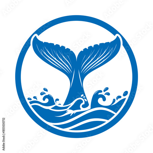 Blue whale tail illustration inside a circular frame with waves