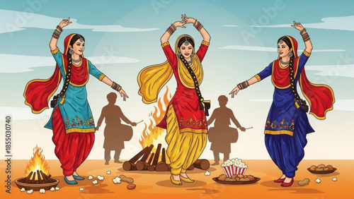 Three women in traditional indian attire dancing around bonfires on a sandy beach, lohri