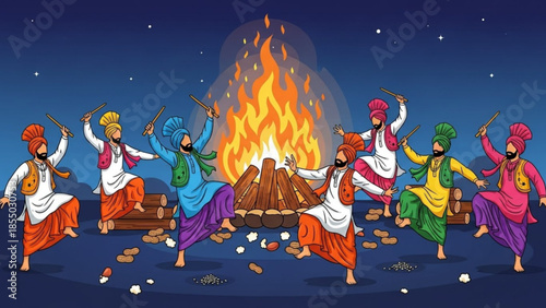 Group of men in traditional clothing dancing around a bonfire at night with sticks and colorful