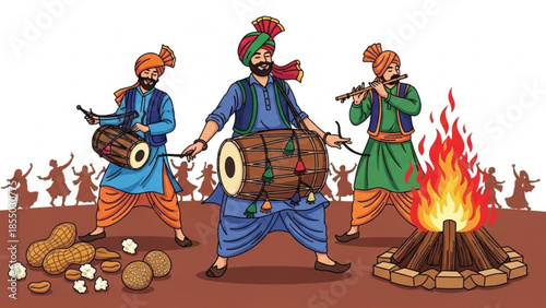 Traditional indian lohri bonfire celebration with musicians playing drums and flute, people