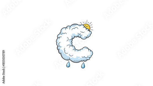 cute letter c cloud character with sun and raindrops
