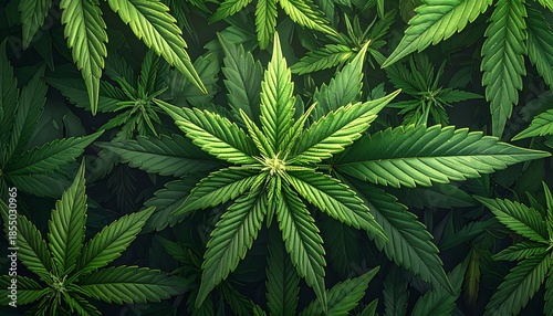 Overhead shot shows a dense cluster of bright green, multi-pointed leaves against a shadowy background