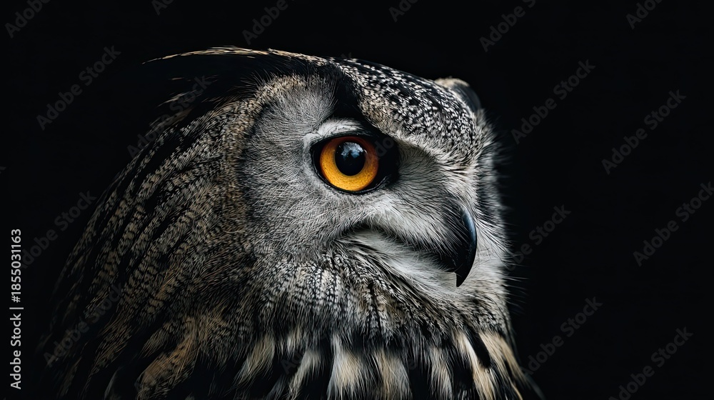 Obraz premium An intense and vigilant owl captured in a stunning close-up, its striking orange eye glowing amidst intricate plumage, reflecting the mysterious beauty of a nocturnal predator