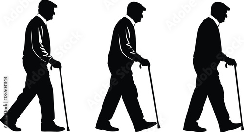 Elderly man walking with cane silhouette sequence, senior mobility stages, aging process, black vector illustration, healthcare, independence concept