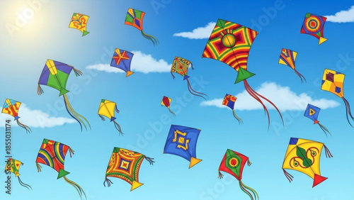 Colorful kites flying in a blue sky with white clouds on a sunny day, vibrant kite illustration