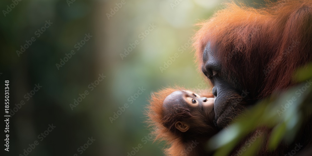 Naklejka premium Mother orangutan and baby share moment in lush forest setting during daylight hours