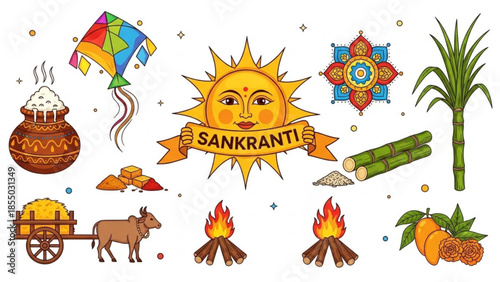 Sankranti celebration elements, harvest festival theme with kite, pot, and sugarcane in vibrant