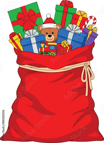 Overflowing Santa sack brimming with colorful Christmas gifts, toys, and a teddy bear, ready for holiday delivery.