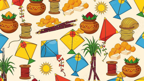 Vibrant kites and traditional pots with festive decorations and flying kite strings on a cream