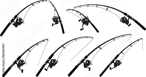 Fishing rod silhouettes, spinning reel vector, black fishing gear, angling equipment, rod designs, fishing icons, tackle set, outdoor sport, silhouette pack, fishing illustration