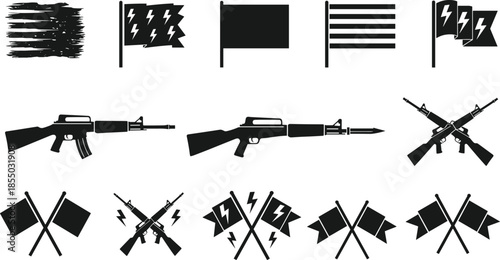 Flag and rifle silhouettes, military icons, lightning bolt symbols, black vector set, crossed flags, weapon clipart, power symbols, silhouette pack, conflict theme, patriotic graphics