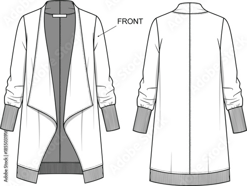 Long cardigan technical fashion sketch, front and back view, draped open front, ribbed cuffs and hem, relaxed fit, garment template